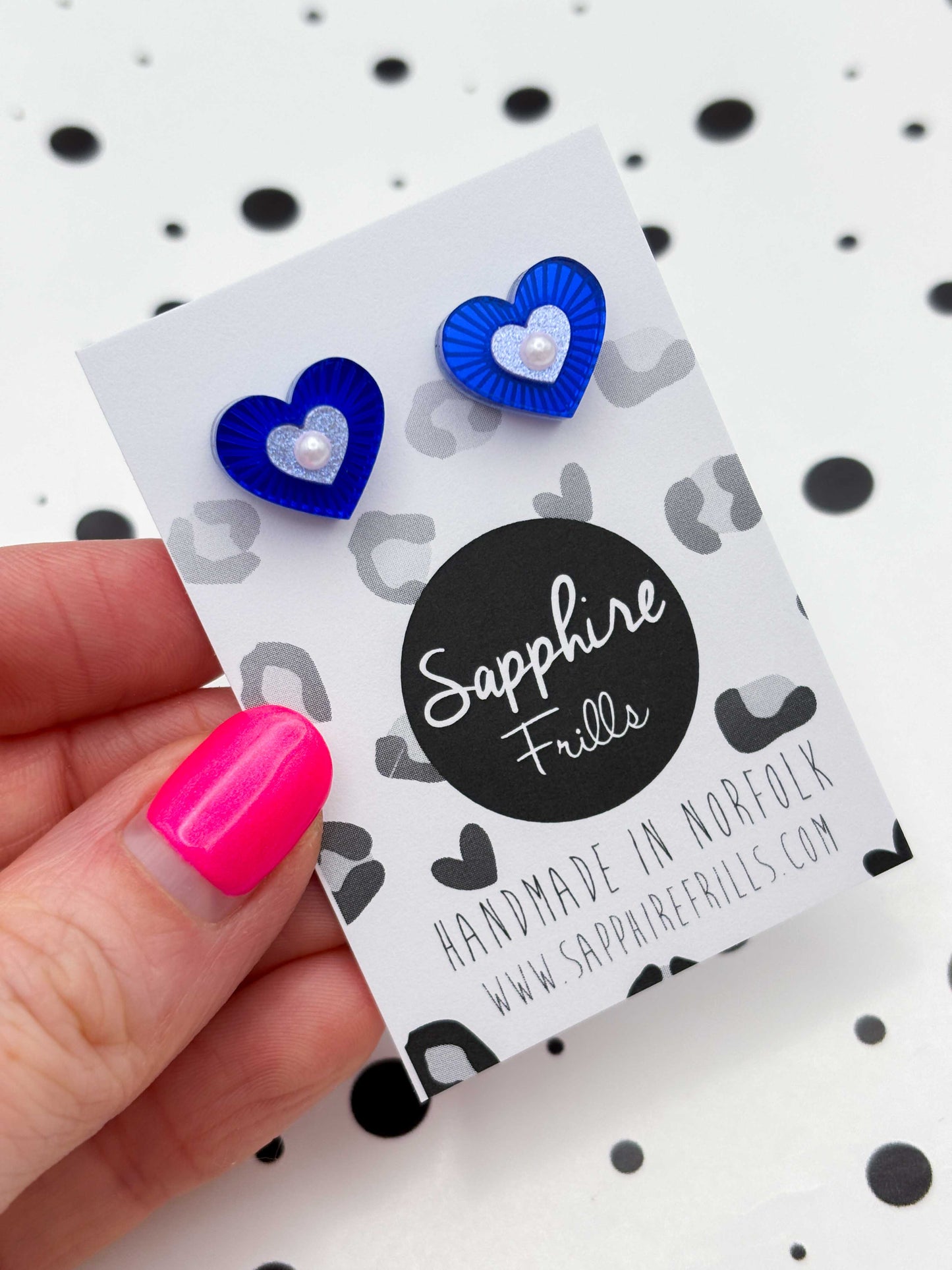 Small Blue Mirror with Pearl Cut Out Heart Stud Earrings – Hypoallergenic Stainless Steel