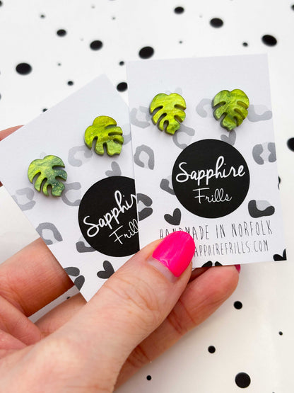 Mini Bright Olive Marble Monstera Leaf Stud Earrings – Hypoallergenic Stainless Steel