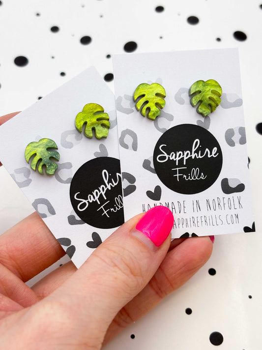 Mini Bright Olive Marble Monstera Leaf Stud Earrings – Hypoallergenic Stainless Steel