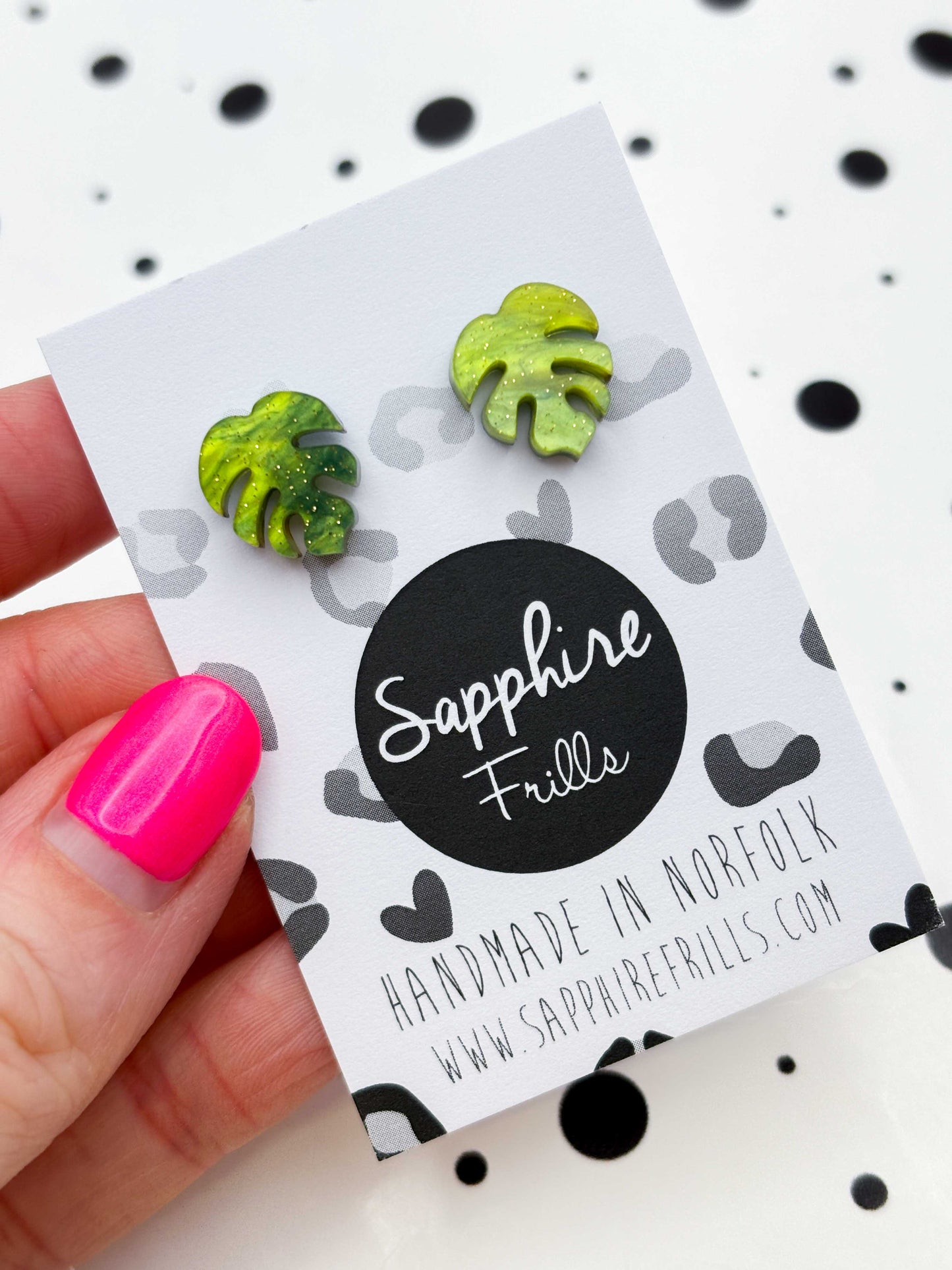Mini Bright Olive Marble Monstera Leaf Stud Earrings – Hypoallergenic Stainless Steel