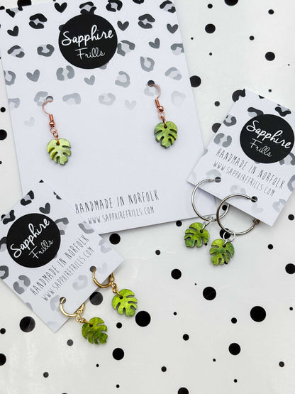 Mini Bright Olive Marble Monstera Leaf Dangle Earrings or Necklace – Hypoallergenic Stainless Steel
