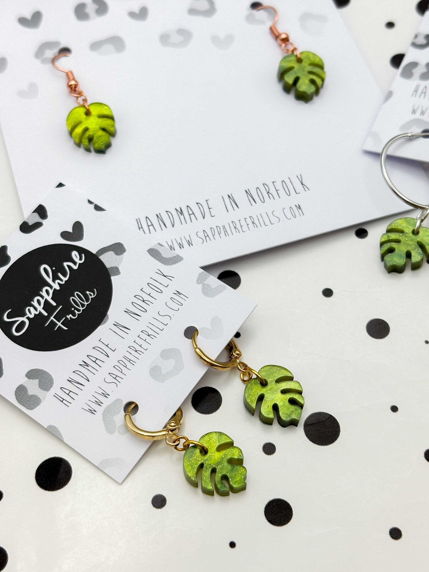 Mini Bright Olive Marble Monstera Leaf Dangle Earrings or Necklace – Hypoallergenic Stainless Steel