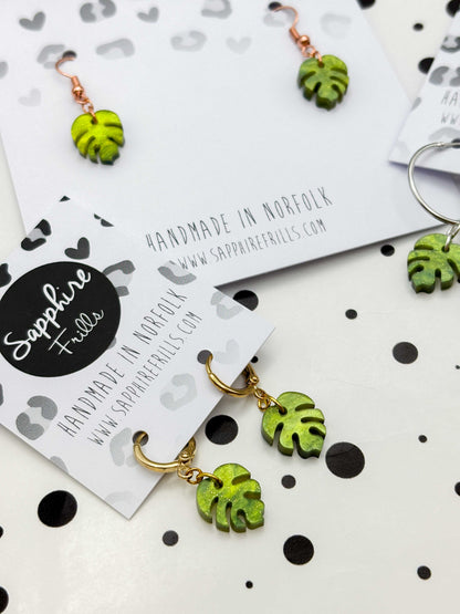 Mini Bright Olive Marble Monstera Leaf Dangle Earrings or Necklace – Hypoallergenic Stainless Steel