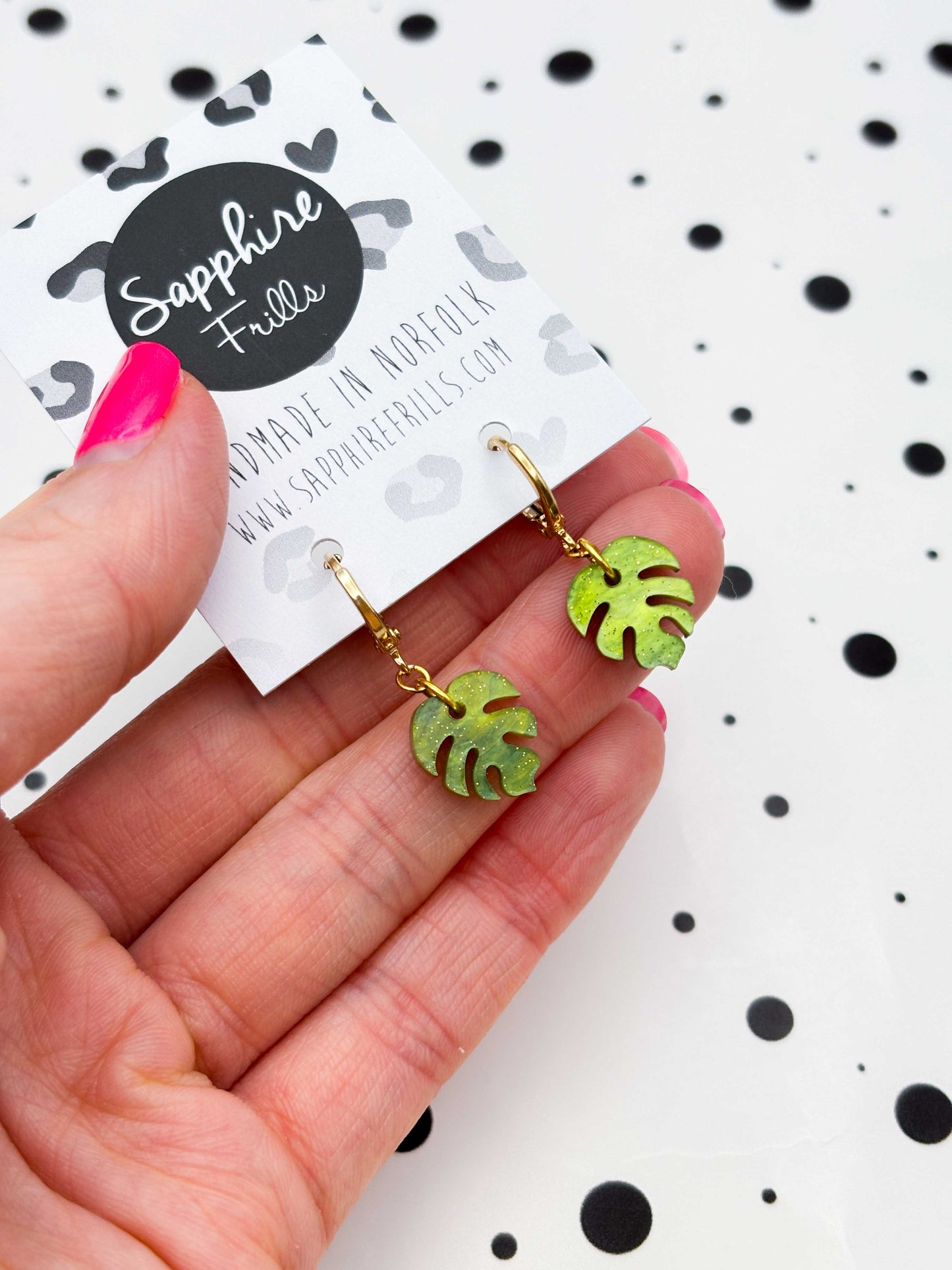 Mini Bright Olive Marble Monstera Leaf Dangle Earrings or Necklace – Hypoallergenic Stainless Steel