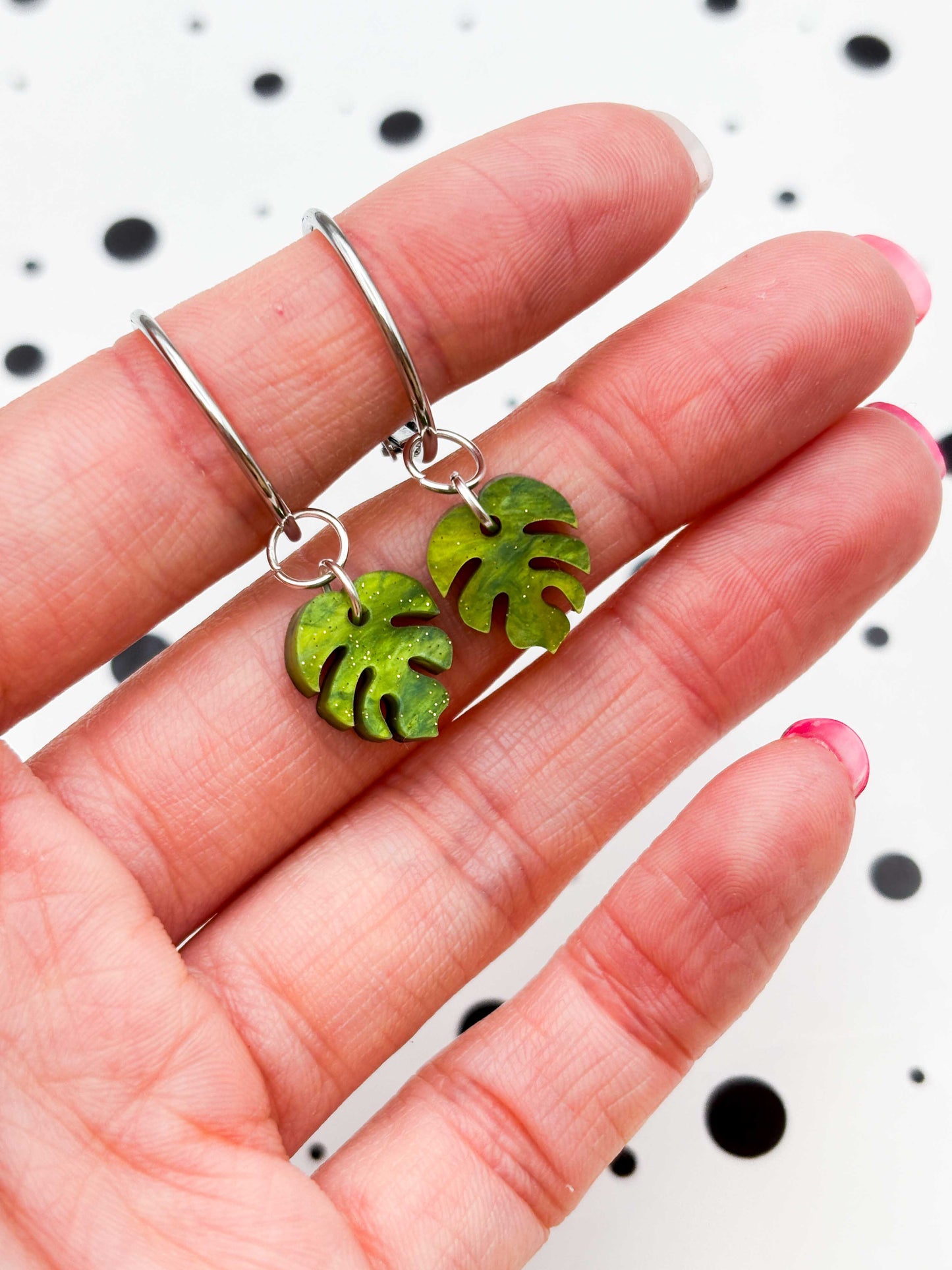 Mini Bright Olive Marble Monstera Leaf Dangle Earrings or Necklace – Hypoallergenic Stainless Steel
