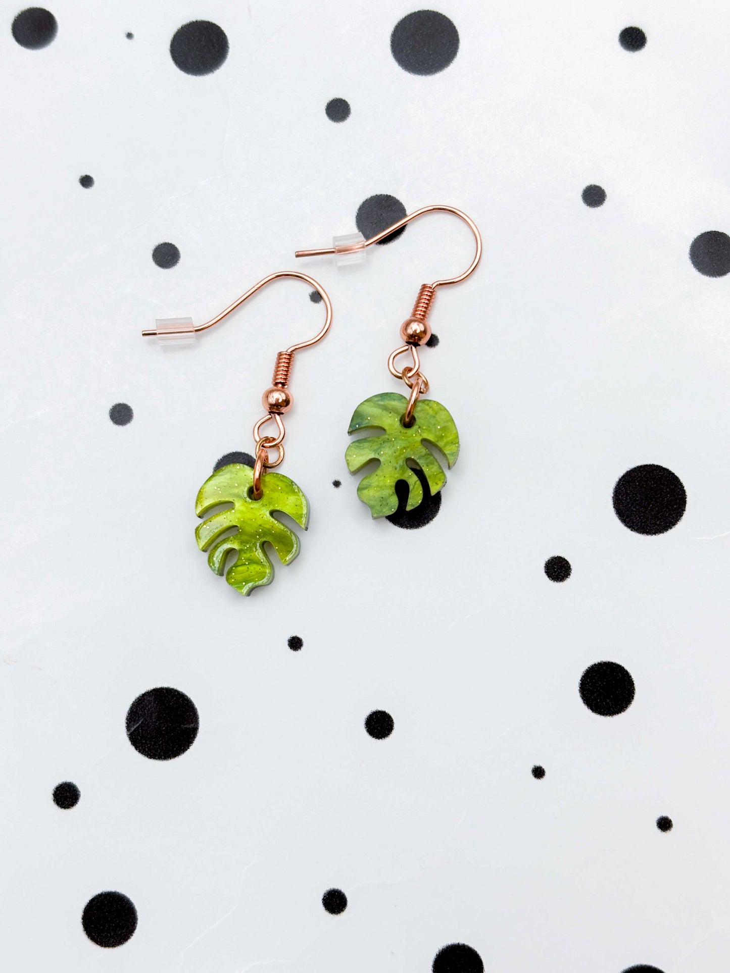 Mini Bright Olive Marble Monstera Leaf Dangle Earrings or Necklace – Hypoallergenic Stainless Steel