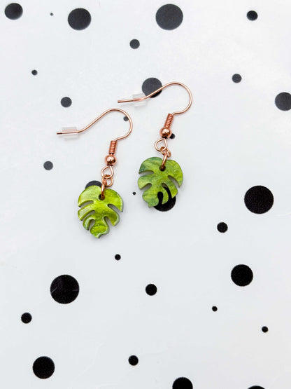 Mini Bright Olive Marble Monstera Leaf Dangle Earrings or Necklace – Hypoallergenic Stainless Steel