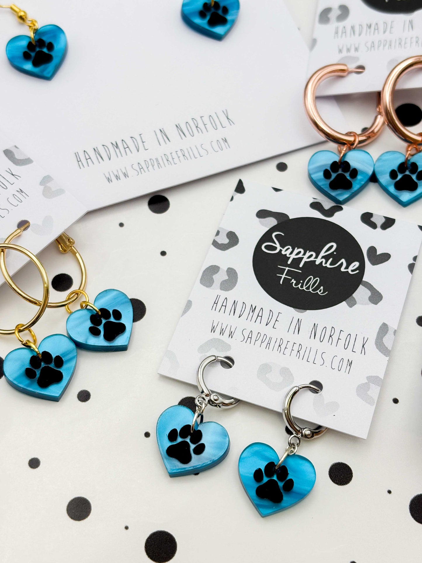 Small Turquoise Blue Marble Paw Print Acrylic Heart Dangle Earrings or Necklace – Hypoallergenic Stainless Steel