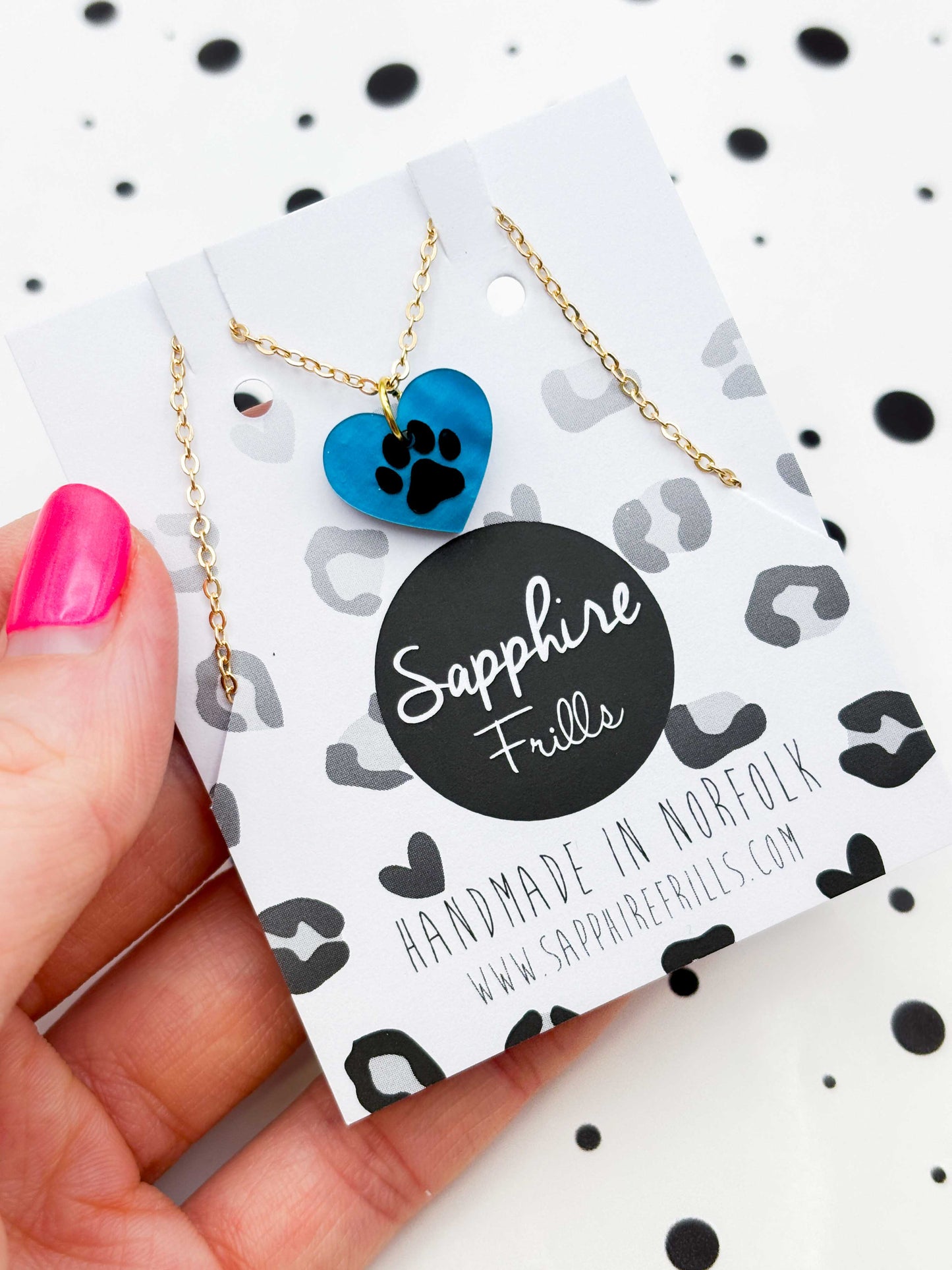 Small Turquoise Blue Marble Paw Print Acrylic Heart Dangle Earrings or Necklace – Hypoallergenic Stainless Steel