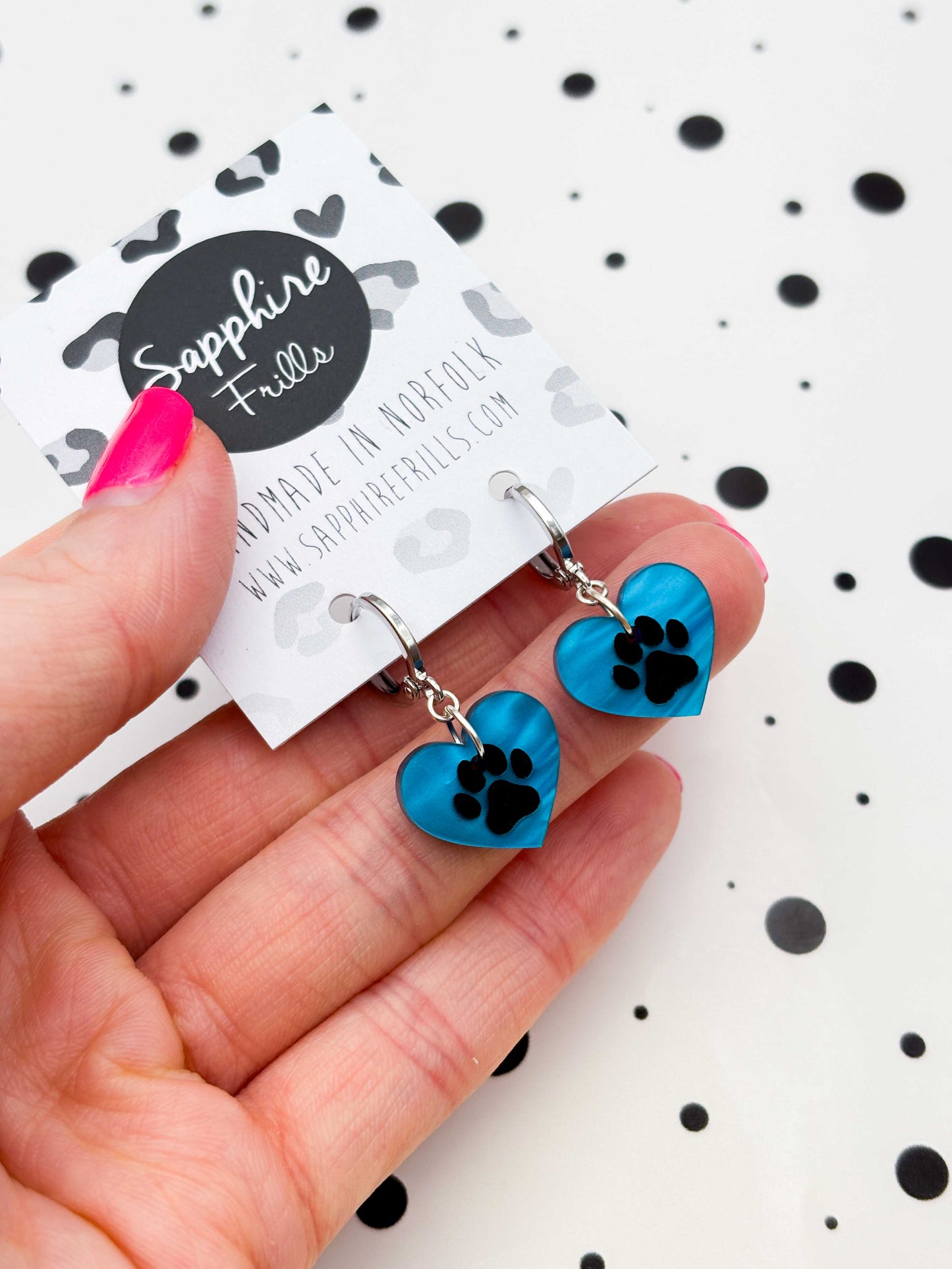 Small Turquoise Blue Marble Paw Print Acrylic Heart Dangle Earrings or Necklace – Hypoallergenic Stainless Steel