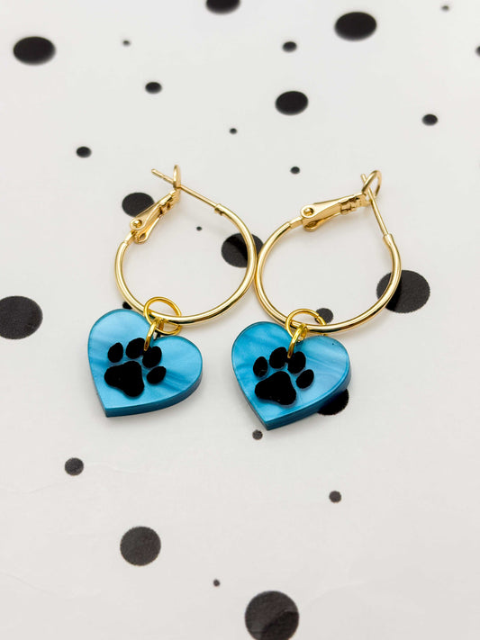 Small Turquoise Blue Marble Paw Print Acrylic Heart Dangle Earrings or Necklace – Hypoallergenic Stainless Steel
