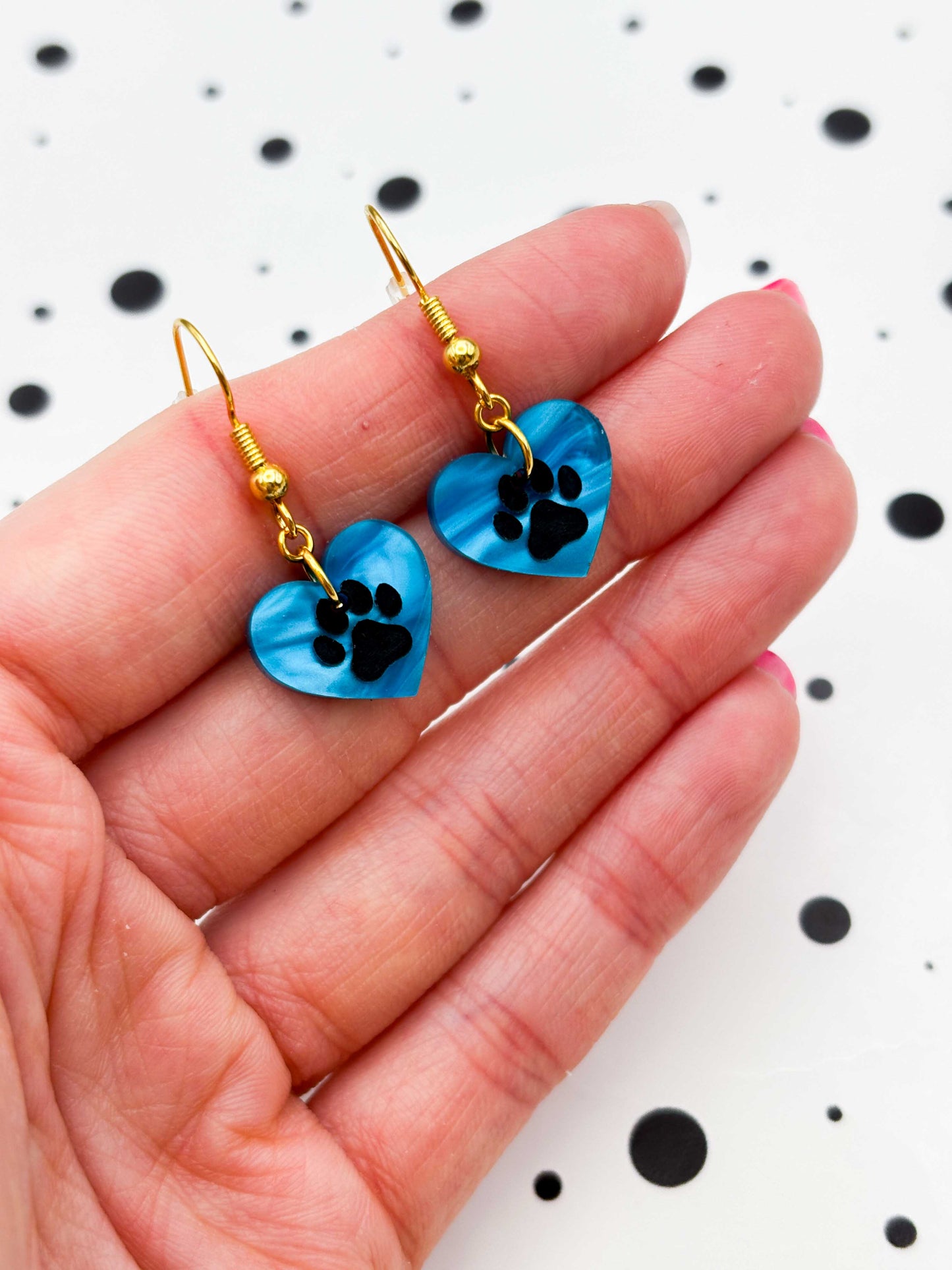 Small Turquoise Blue Marble Paw Print Acrylic Heart Dangle Earrings or Necklace – Hypoallergenic Stainless Steel