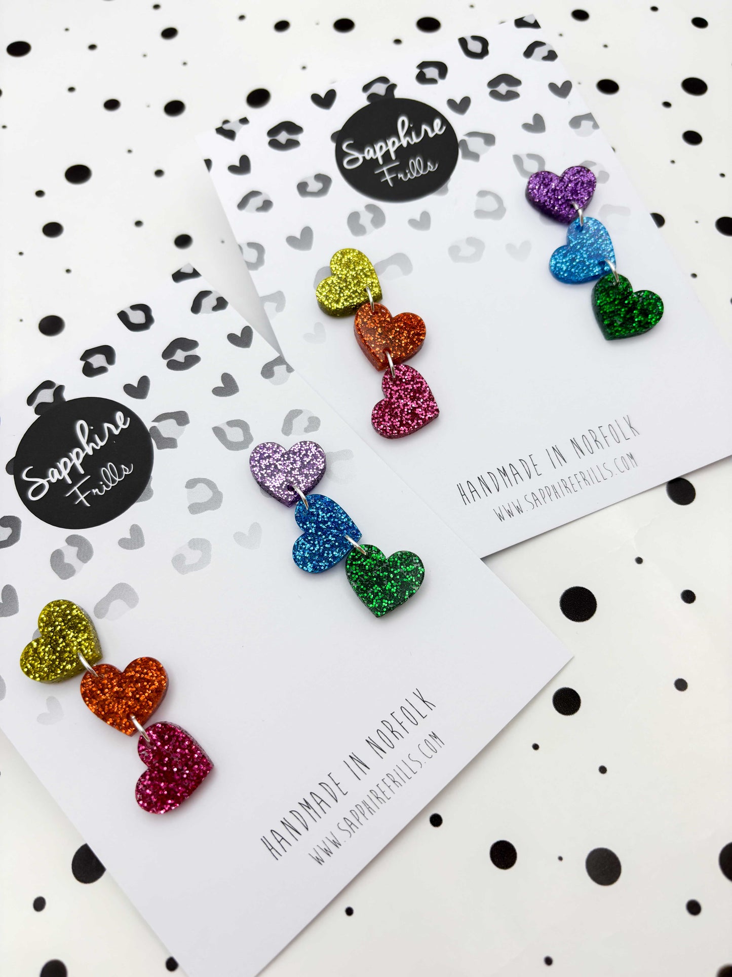 Rainbow Glitter Mismatch Heart Trio Dangle Earrings – Hypoallergenic Stainless Steel