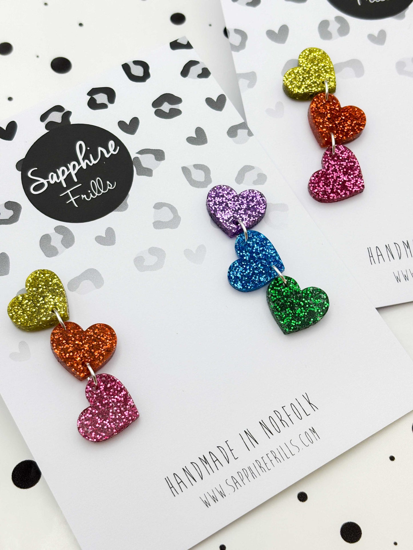 Rainbow Glitter Mismatch Heart Trio Dangle Earrings – Hypoallergenic Stainless Steel