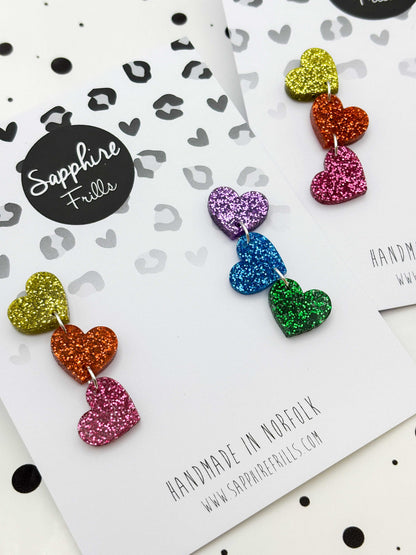 Rainbow Glitter Mismatch Heart Trio Dangle Earrings – Hypoallergenic Stainless Steel