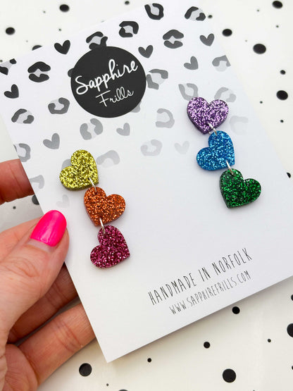 Rainbow Glitter Mismatch Heart Trio Dangle Earrings – Hypoallergenic Stainless Steel