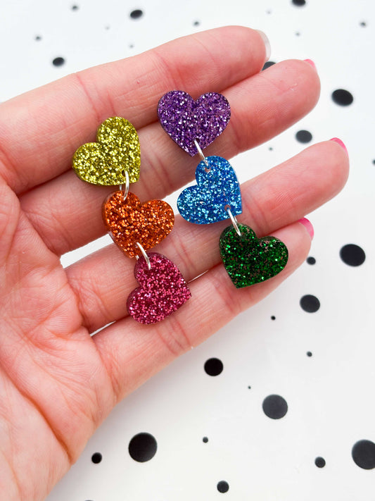 Rainbow Glitter Mismatch Heart Trio Dangle Earrings – Hypoallergenic Stainless Steel