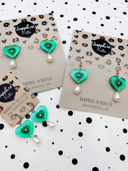 Medium Green Mirror with Pearl Cut Out Heart Acrylic Dangle Earrings or Necklace – Hypoallergenic Stainless Steel
