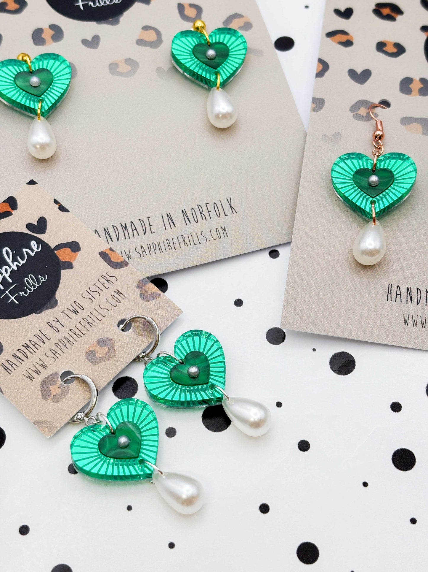 Medium Green Mirror with Pearl Cut Out Heart Acrylic Dangle Earrings or Necklace – Hypoallergenic Stainless Steel