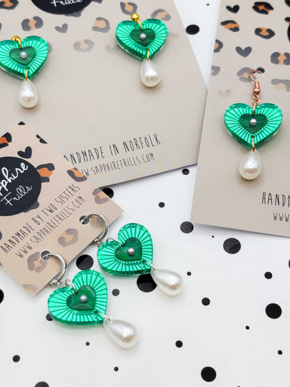 Medium Green Mirror with Pearl Cut Out Heart Acrylic Dangle Earrings or Necklace – Hypoallergenic Stainless Steel