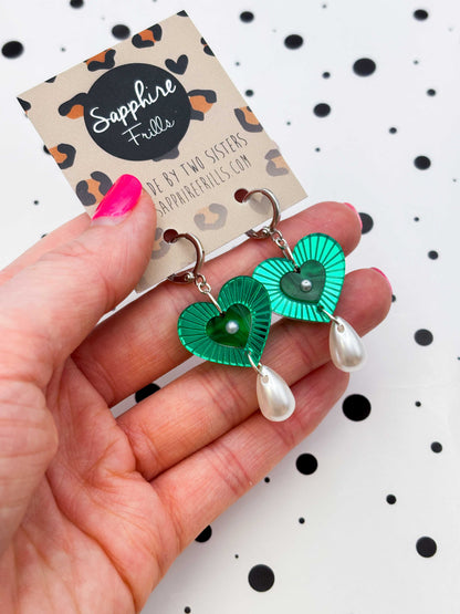 Medium Green Mirror with Pearl Cut Out Heart Acrylic Dangle Earrings or Necklace – Hypoallergenic Stainless Steel