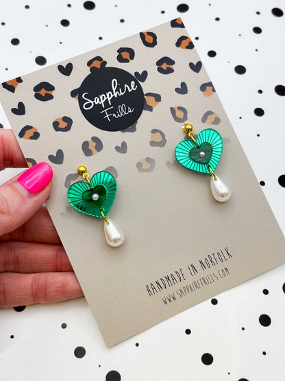 Medium Green Mirror with Pearl Cut Out Heart Acrylic Dangle Earrings or Necklace – Hypoallergenic Stainless Steel