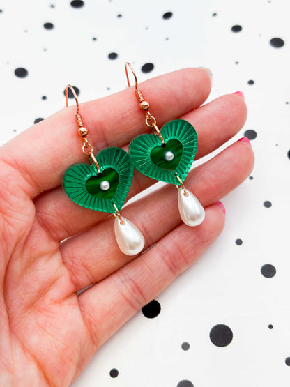 Medium Green Mirror with Pearl Cut Out Heart Acrylic Dangle Earrings or Necklace – Hypoallergenic Stainless Steel