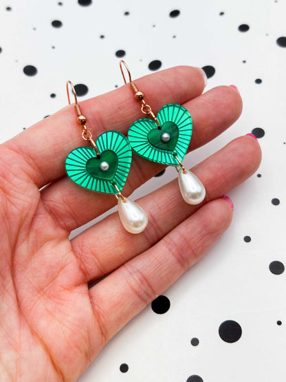 Medium Green Mirror with Pearl Cut Out Heart Acrylic Dangle Earrings or Necklace – Hypoallergenic Stainless Steel