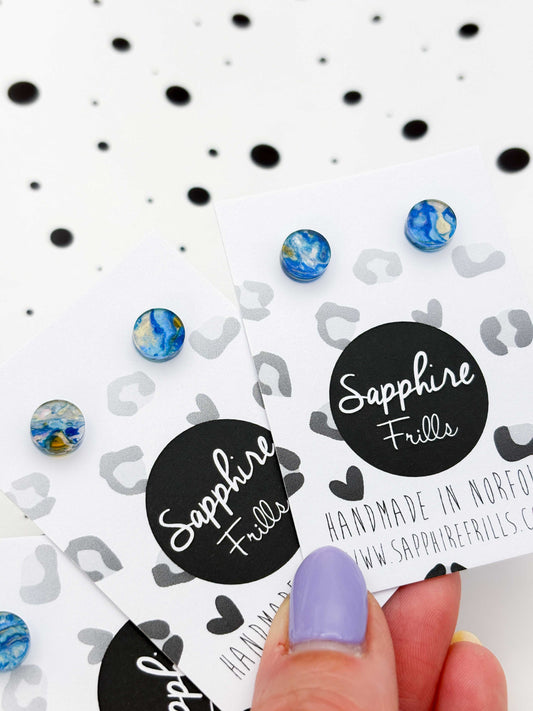 Mini Ocean Ink Circle Stud Earrings – Hypoallergenic Stainless Steel