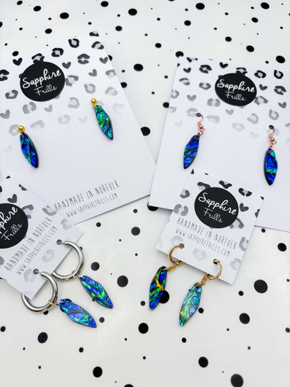 Small Blue and Green Iridescent Bubble Wing Dangle Earrings or Necklace – Hypoallergenic Stainless Steel