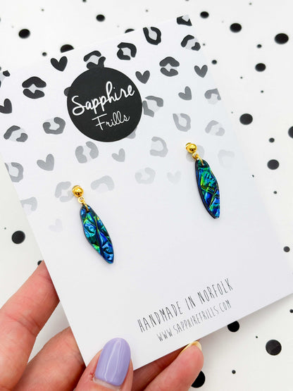 Small Blue and Green Iridescent Bubble Wing Dangle Earrings or Necklace – Hypoallergenic Stainless Steel