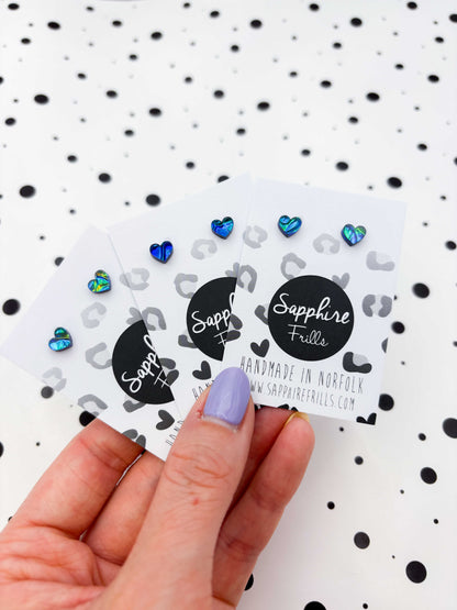 Micro Blue and Green Iridescent Bubble Heart Acrylic Stud Earrings – Hypoallergenic Stainless Steel