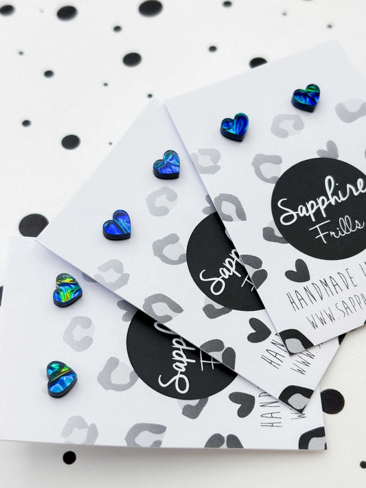 Micro Blue and Green Iridescent Bubble Heart Acrylic Stud Earrings – Hypoallergenic Stainless Steel