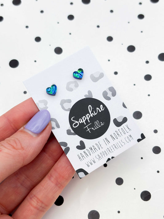 Micro Blue and Green Iridescent Bubble Heart Acrylic Stud Earrings – Hypoallergenic Stainless Steel