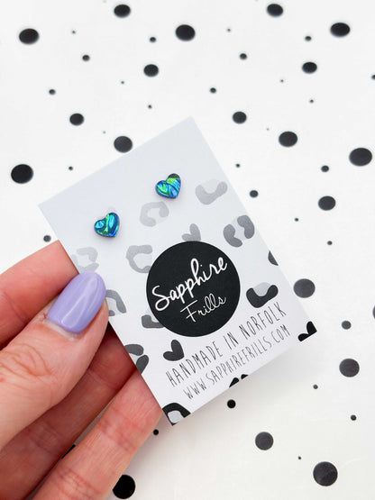 Micro Blue and Green Iridescent Bubble Heart Acrylic Stud Earrings – Hypoallergenic Stainless Steel