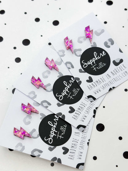Mini Pink and Rose Confetti Acrylic Lightning Bolt Stud Earrings – Hypoallergenic Stainless Steel