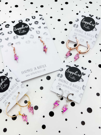 Mini Pink and Rose Confetti Lightning Bolt Dangle Earrings or Necklace – Hypoallergenic Stainless Steel