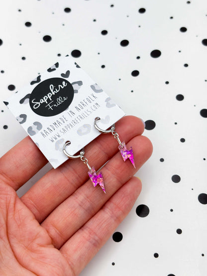Mini Pink and Rose Confetti Lightning Bolt Dangle Earrings or Necklace – Hypoallergenic Stainless Steel