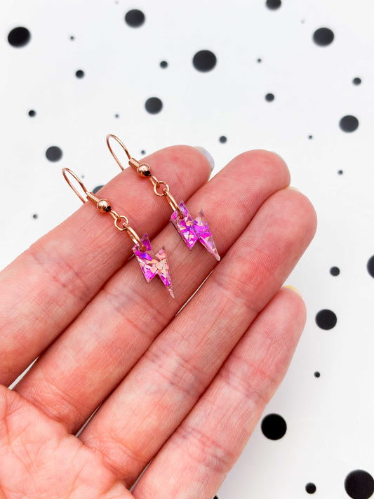 Mini Pink and Rose Confetti Lightning Bolt Dangle Earrings or Necklace – Hypoallergenic Stainless Steel