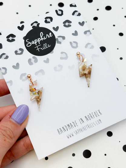 Medium Recycled Beige Rainbow Lightning Bolt Dangle Earrings or Necklace – Hypoallergenic Stainless Steel