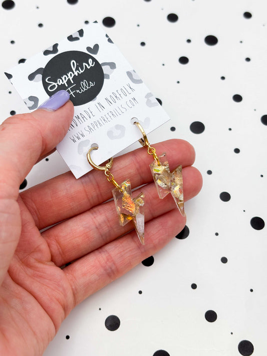 Medium Recycled Beige Rainbow Lightning Bolt Dangle Earrings or Necklace – Hypoallergenic Stainless Steel