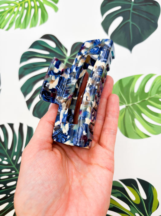 Large Navy and Cream Marble Claw Clip