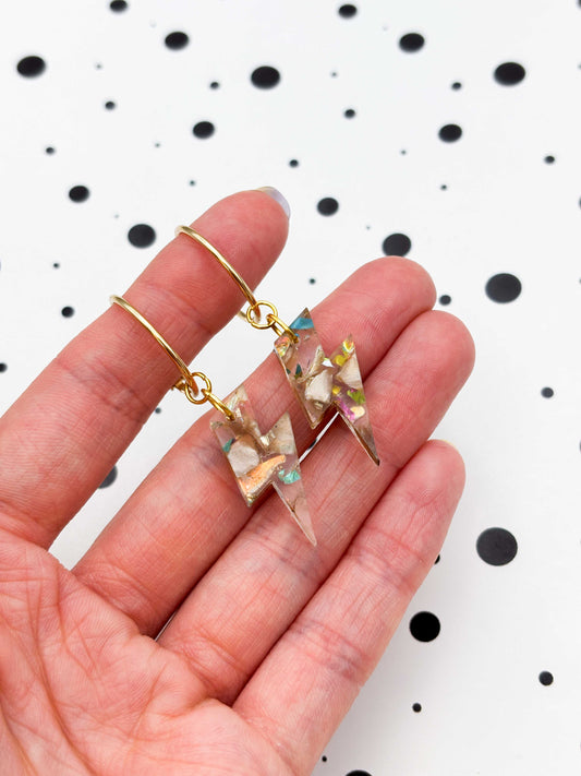 Medium Recycled Beige Rainbow Lightning Bolt Dangle Earrings or Necklace – Hypoallergenic Stainless Steel