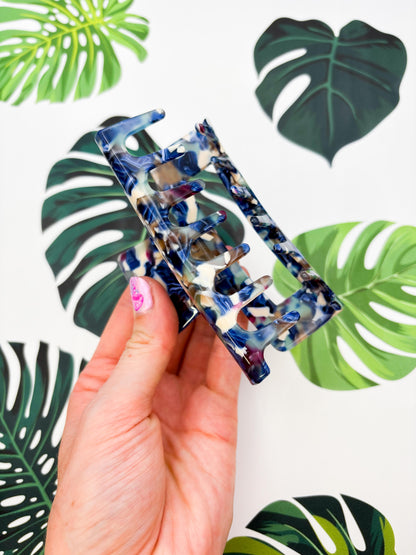 Large Navy and Cream Marble Claw Clip