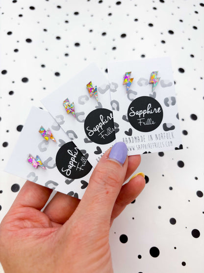 Mini Rainbow Confetti Acrylic Lightning Bolt Stud Earrings – Hypoallergenic Stainless Steel