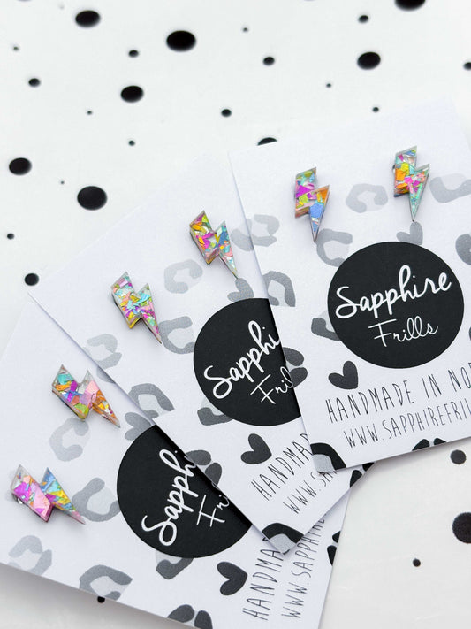 Mini Rainbow Confetti Acrylic Lightning Bolt Stud Earrings – Hypoallergenic Stainless Steel