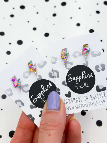 Mini Rainbow Confetti Acrylic Lightning Bolt Stud Earrings – Hypoallergenic Stainless Steel