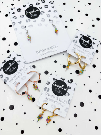 Mini Rainbow Confetti Lightning Bolt Dangle Earrings or Necklace – Hypoallergenic Stainless Steel