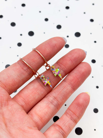 Mini Rainbow Confetti Lightning Bolt Dangle Earrings or Necklace – Hypoallergenic Stainless Steel