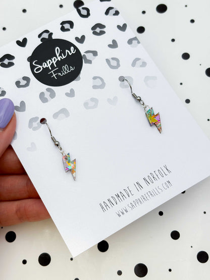 Mini Rainbow Confetti Lightning Bolt Dangle Earrings or Necklace – Hypoallergenic Stainless Steel